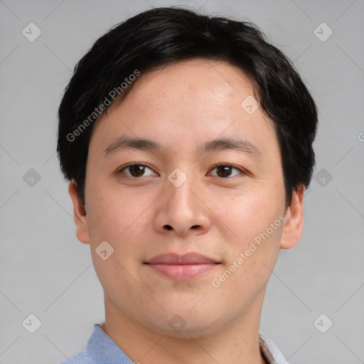 Neutral asian young-adult male with short  brown hair and brown eyes