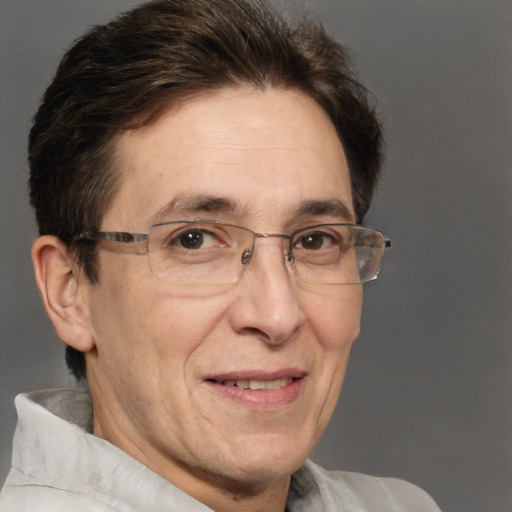 Joyful white middle-aged male with short  brown hair and brown eyes