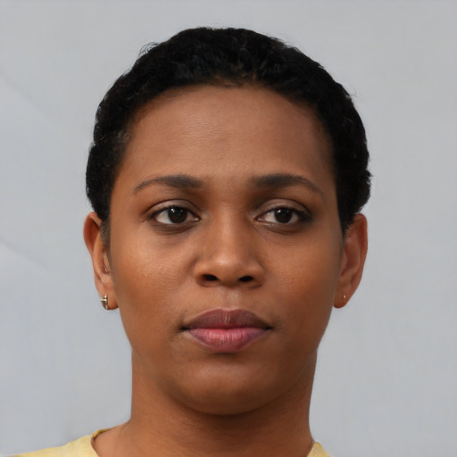 Neutral black young-adult female with short  black hair and brown eyes