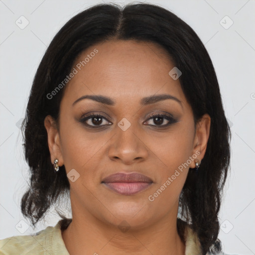 Joyful black young-adult female with medium  brown hair and brown eyes