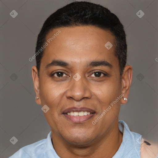 Joyful latino young-adult male with short  black hair and brown eyes