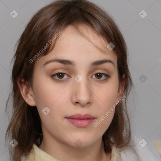 Neutral white young-adult female with medium  brown hair and brown eyes