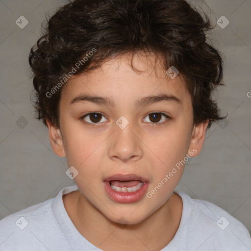 Joyful white child female with medium  brown hair and brown eyes