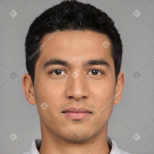 Neutral latino young-adult male with short  black hair and brown eyes