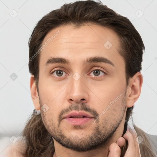 Neutral white young-adult male with short  brown hair and brown eyes