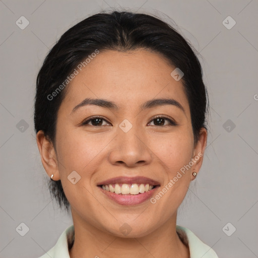 Joyful asian young-adult female with medium  brown hair and brown eyes