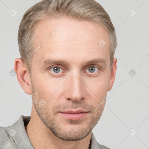 Neutral white young-adult male with short  brown hair and grey eyes