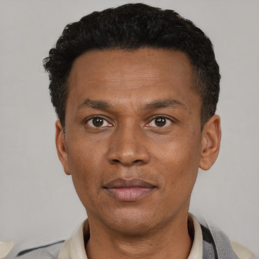 Neutral black young-adult male with short  black hair and brown eyes