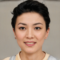 Joyful asian young-adult female with short  black hair and brown eyes