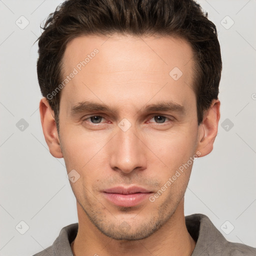 Neutral white young-adult male with short  brown hair and grey eyes