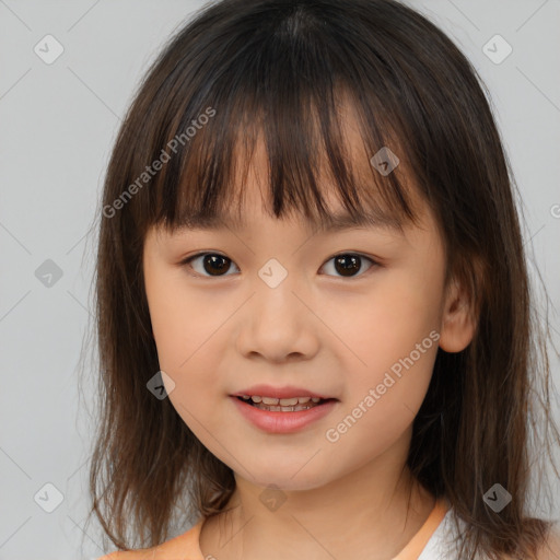 Joyful white child female with medium  brown hair and brown eyes