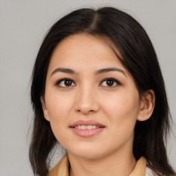 Joyful asian young-adult female with medium  brown hair and brown eyes