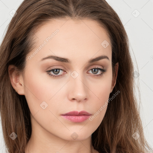 Neutral white young-adult female with long  brown hair and brown eyes