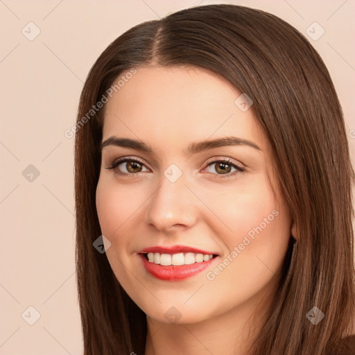 Joyful white young-adult female with long  brown hair and brown eyes