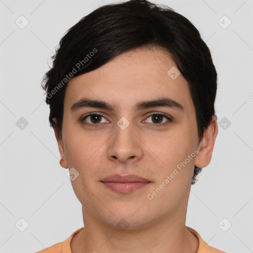 Neutral white young-adult male with short  brown hair and brown eyes