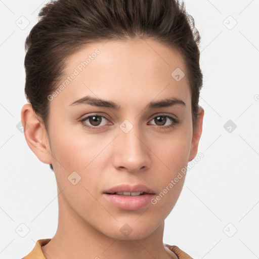 Neutral white young-adult female with short  brown hair and brown eyes