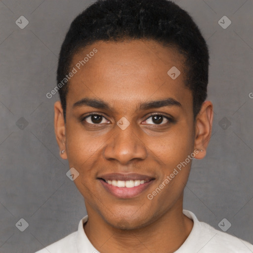 Joyful black young-adult male with short  brown hair and brown eyes