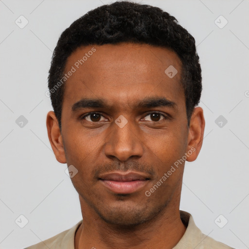 Neutral black young-adult male with short  black hair and brown eyes