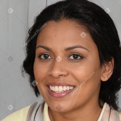 Joyful latino young-adult female with medium  brown hair and brown eyes