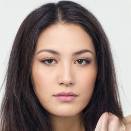 Neutral asian young-adult female with long  brown hair and brown eyes