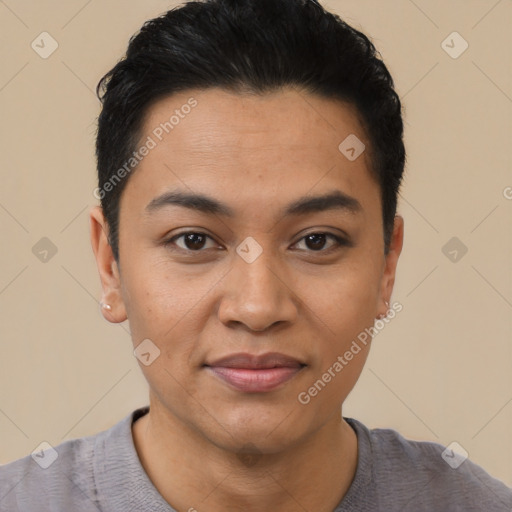 Joyful latino young-adult male with short  black hair and brown eyes