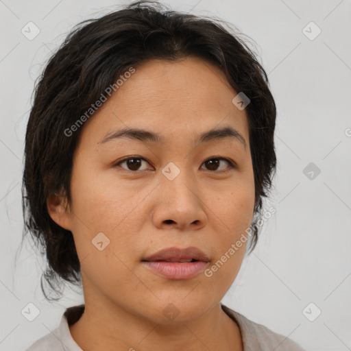 Joyful asian young-adult female with medium  brown hair and brown eyes