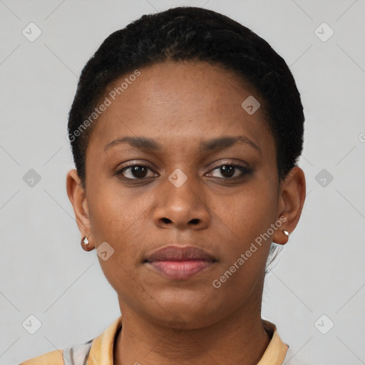 Neutral black young-adult female with short  black hair and brown eyes