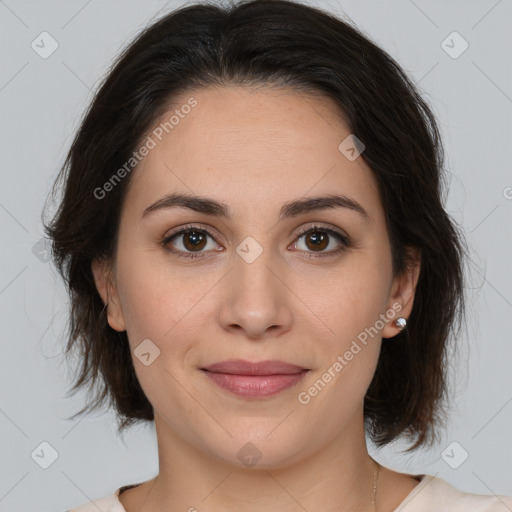 Joyful white young-adult female with medium  brown hair and brown eyes