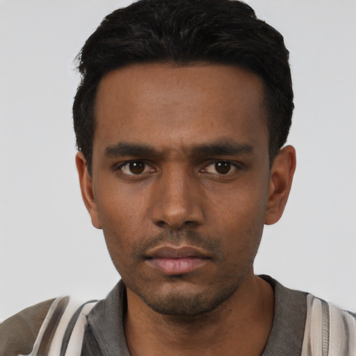 Neutral black young-adult male with short  black hair and brown eyes