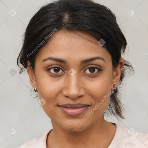 Joyful latino young-adult female with medium  brown hair and brown eyes