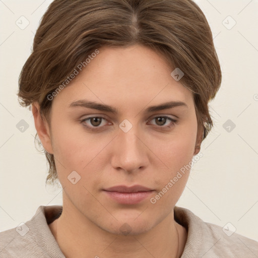 Neutral white young-adult female with medium  brown hair and brown eyes