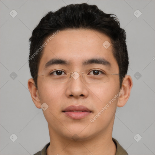 Neutral asian young-adult male with short  brown hair and brown eyes