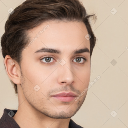 Neutral white young-adult male with short  brown hair and brown eyes