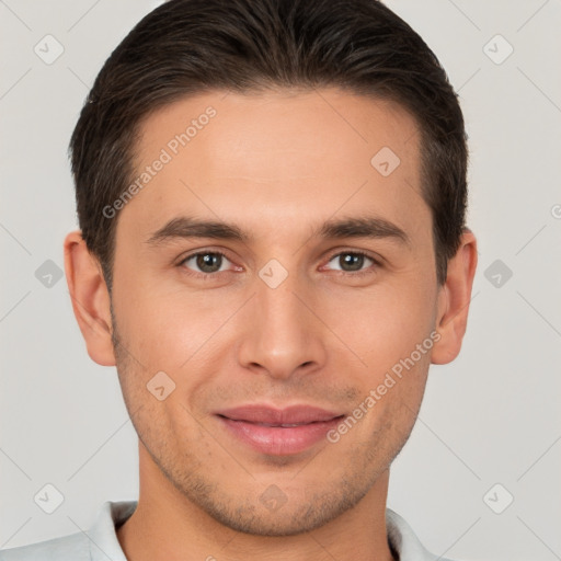 Joyful white young-adult male with short  brown hair and brown eyes