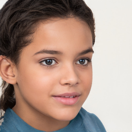 Joyful white child female with medium  brown hair and brown eyes