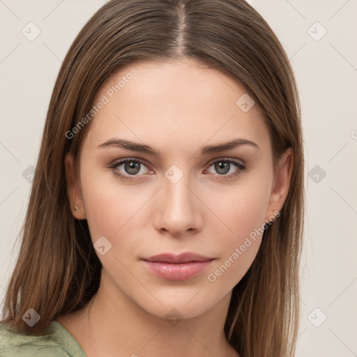 Neutral white young-adult female with long  brown hair and brown eyes