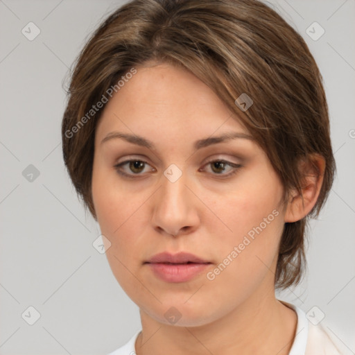 Neutral white young-adult female with medium  brown hair and brown eyes