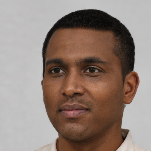 Neutral black young-adult male with short  black hair and brown eyes