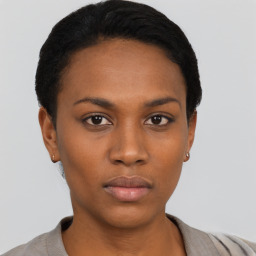 Neutral black young-adult female with short  black hair and brown eyes