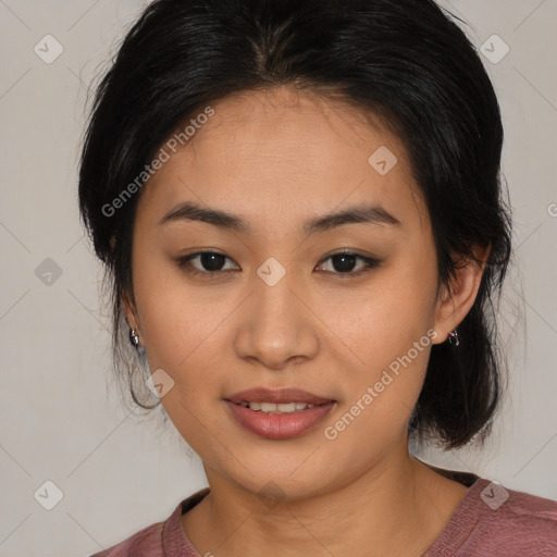 Joyful latino young-adult female with medium  black hair and brown eyes