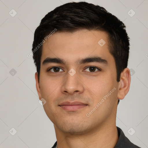 Neutral white young-adult male with short  black hair and brown eyes