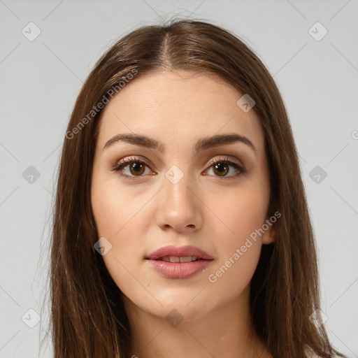 Neutral white young-adult female with long  brown hair and brown eyes