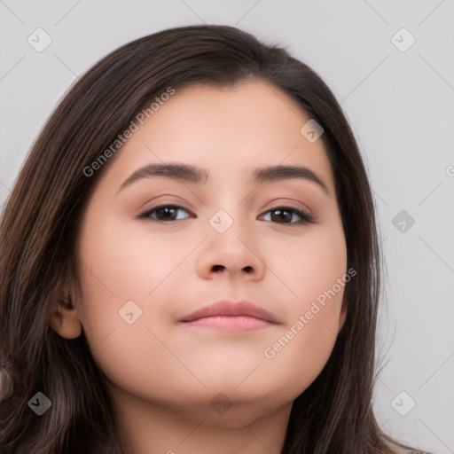 Neutral white young-adult female with long  brown hair and brown eyes