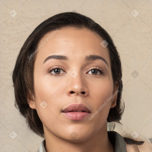 Neutral white young-adult female with medium  brown hair and brown eyes