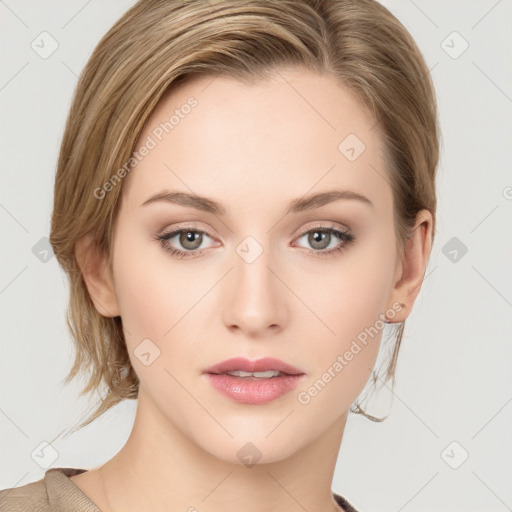 Neutral white young-adult female with medium  brown hair and grey eyes