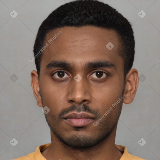 Neutral latino young-adult male with short  black hair and brown eyes