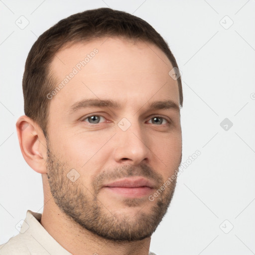 Neutral white young-adult male with short  brown hair and brown eyes