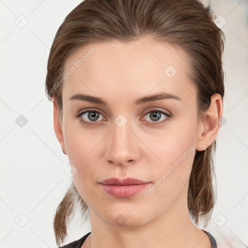 Neutral white young-adult female with medium  brown hair and grey eyes