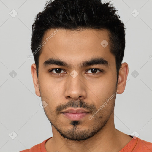 Neutral latino young-adult male with short  black hair and brown eyes