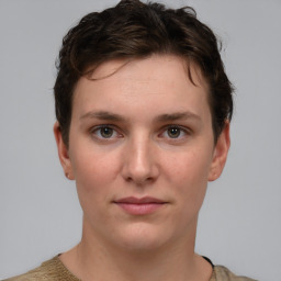 Neutral white young-adult female with short  brown hair and brown eyes